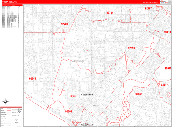 Costa Mesa City Wall Map Red Line Style